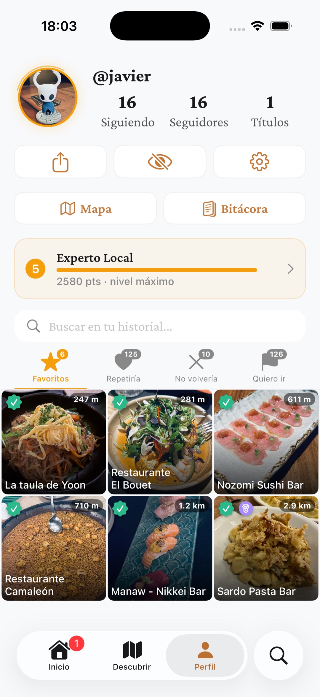 Perfil de usuario con karma y título Experto Local